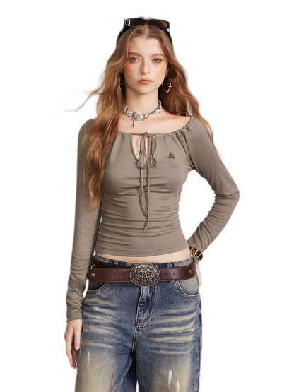 Drawstring Off-Shoulder Long-Sleeve Top