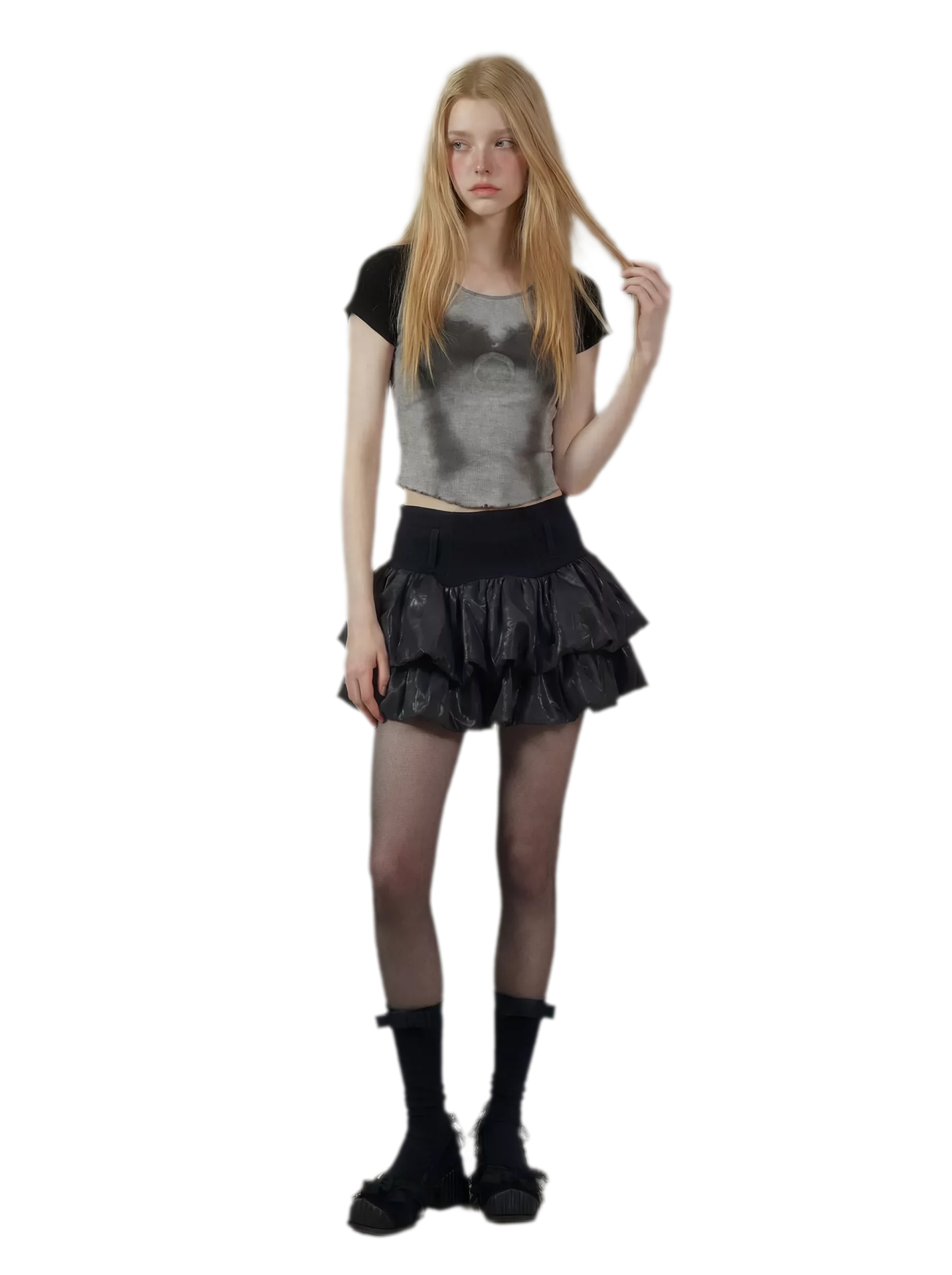 Printed Ruffle Cropped T-Shirt