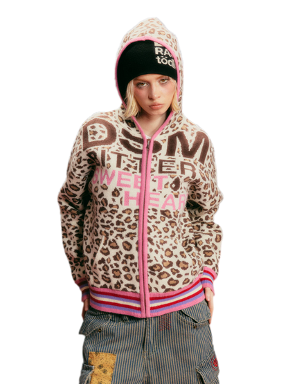Leopard Jacquard Hooded Cardigan