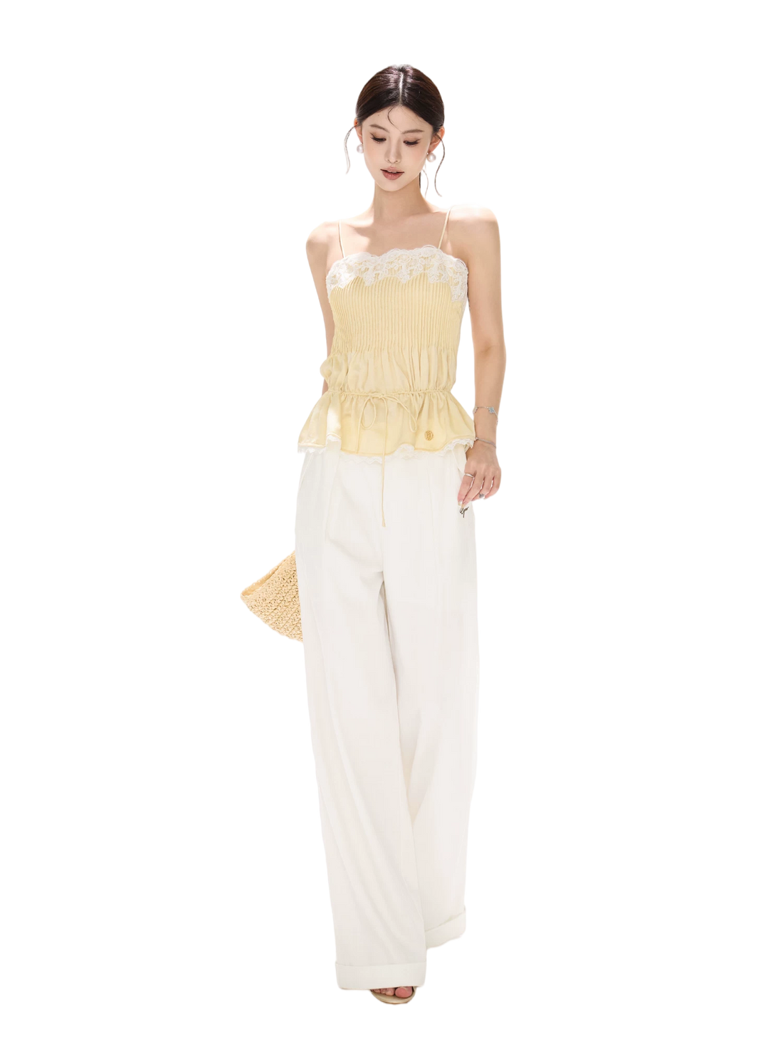 South France Holiday Lace Trim Waist-Cinched Camisole