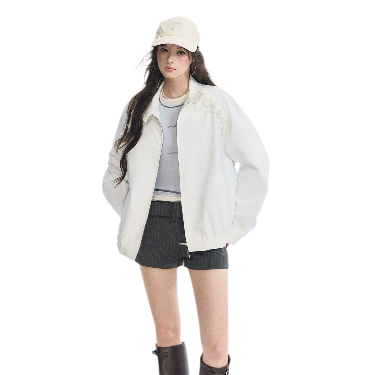 Ruffled Stand Collar Harrington Jacket