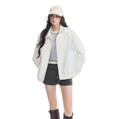 Ruffled Stand Collar Harrington Jacket