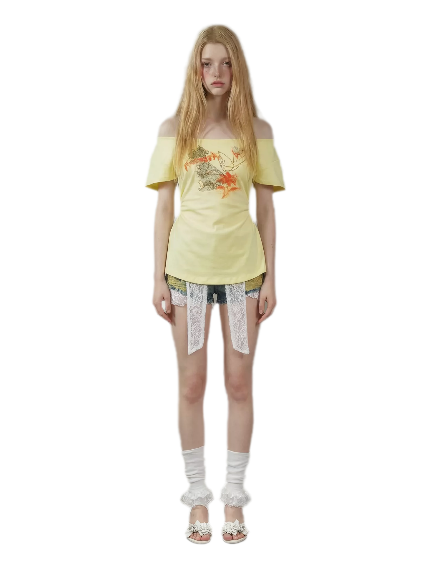 Hand-Drawn Floral Off-Shoulder Tee