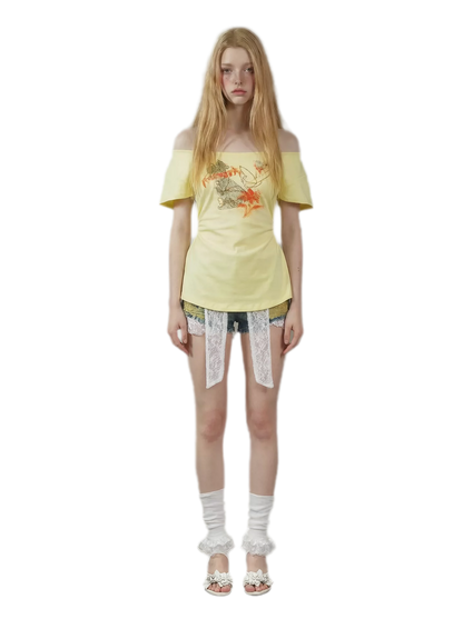 Hand-Drawn Floral Off-Shoulder Tee