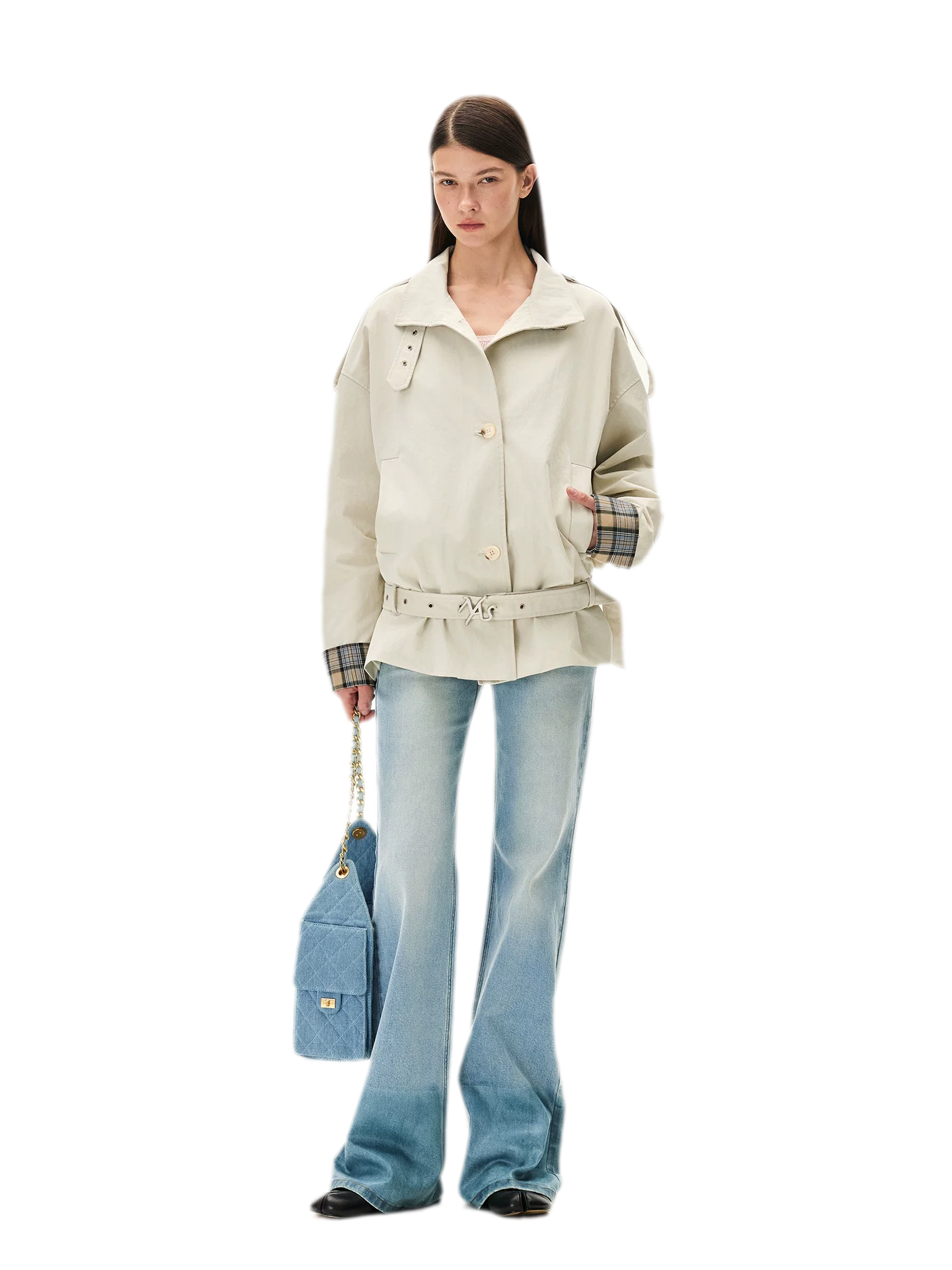 Contrast Plaid Belted Mid-Length Jacket