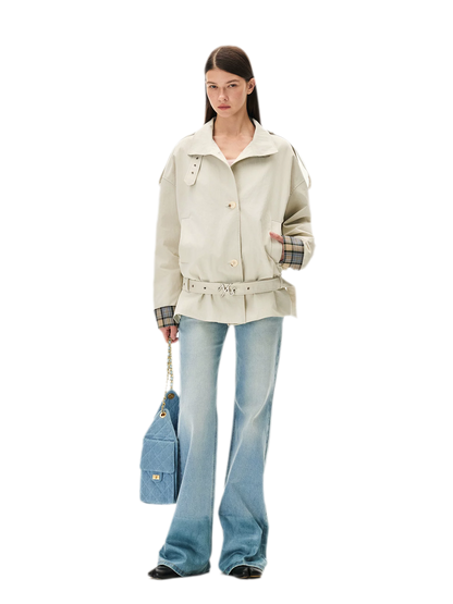 Contrast Plaid Belted Mid-Length Jacket