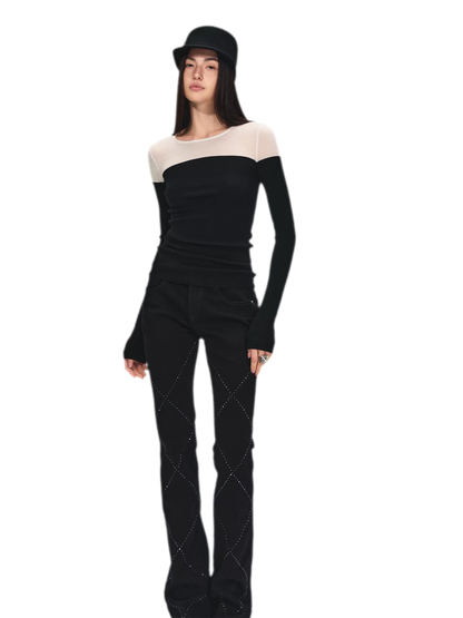 Stylish Quilted Rhinestone Mid-Low Waist Black Slim Flared