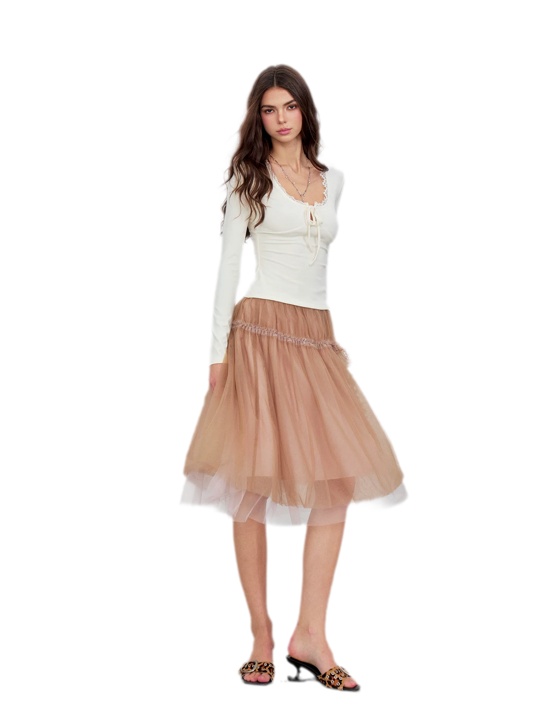 Layered Mesh Ruffle Midi Skirt
