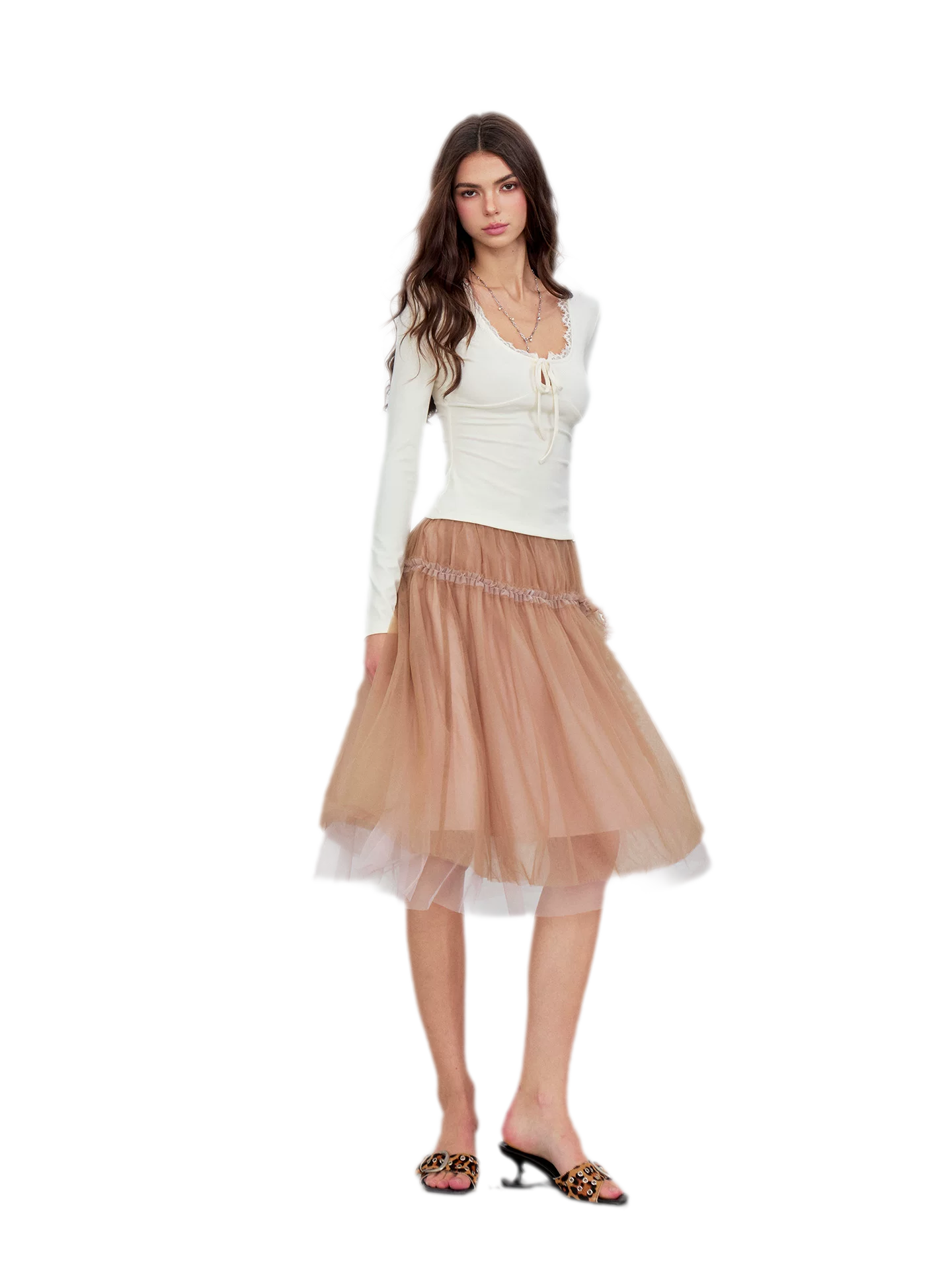 Layered Mesh Ruffle Midi Skirt