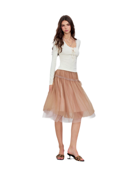 Layered Mesh Ruffle Midi Skirt