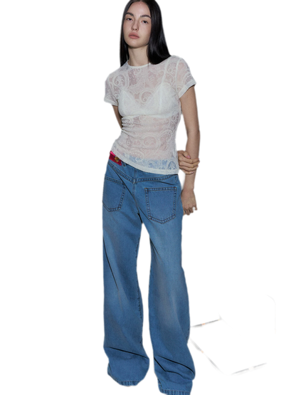 Sheer Wool Lace Paisley Short Sleeve T-shirt