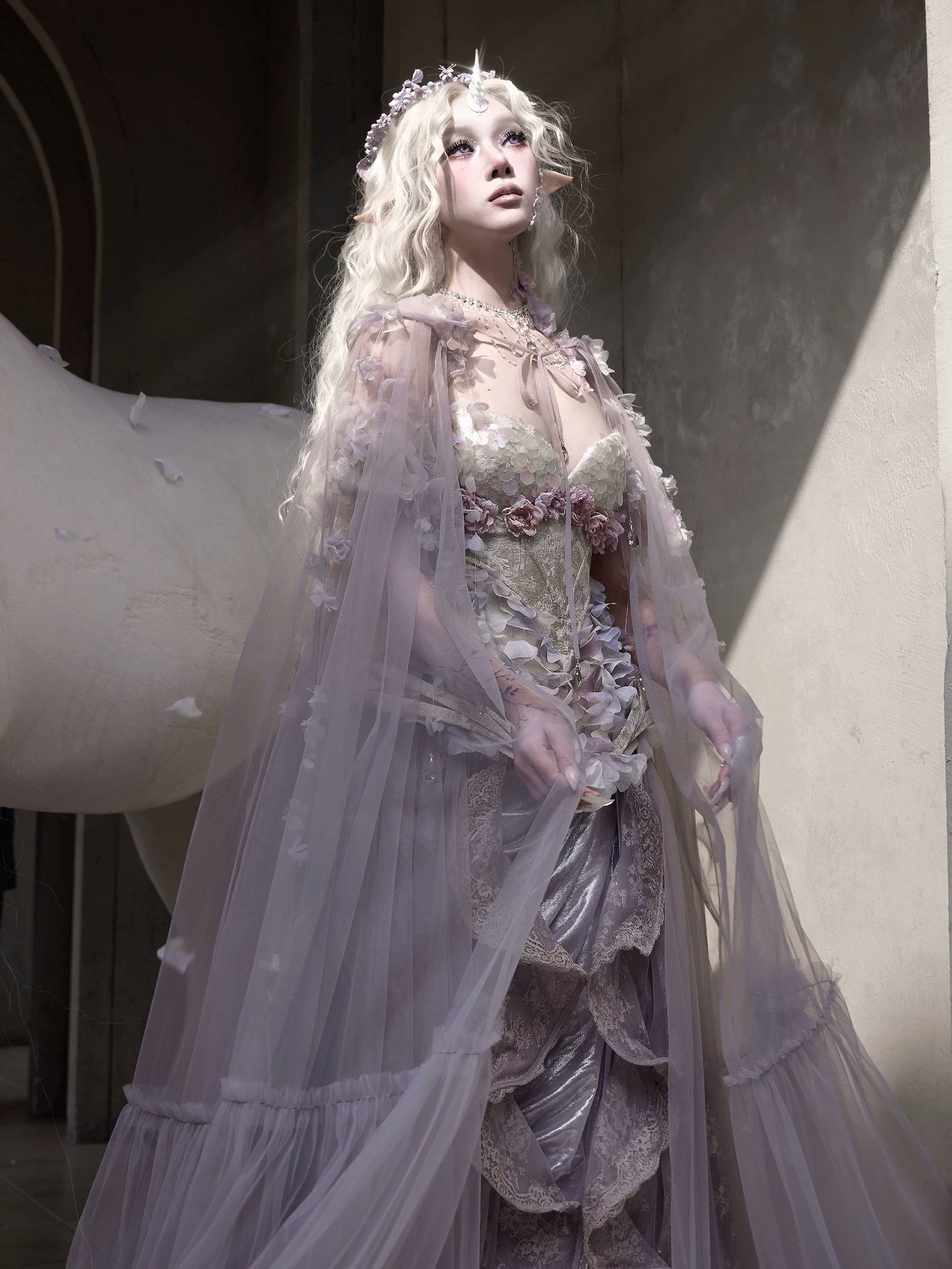 Handcrafted Floral Tulle Hooded Cape