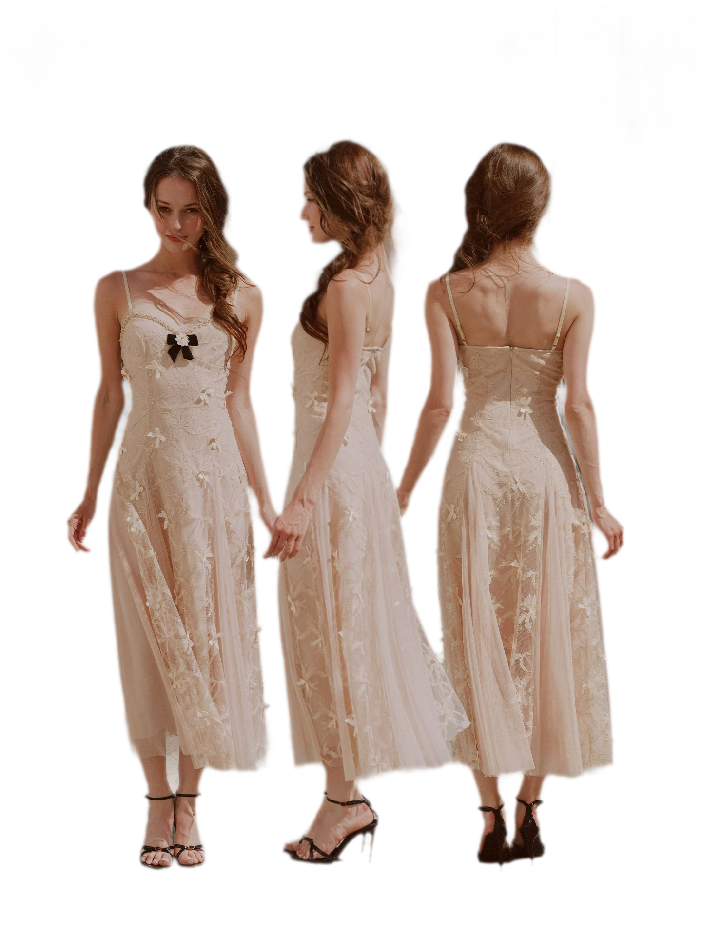 Embroidered Bow Mesh Dress