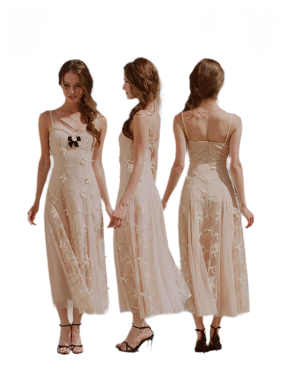 Embroidered Bow Mesh Dress