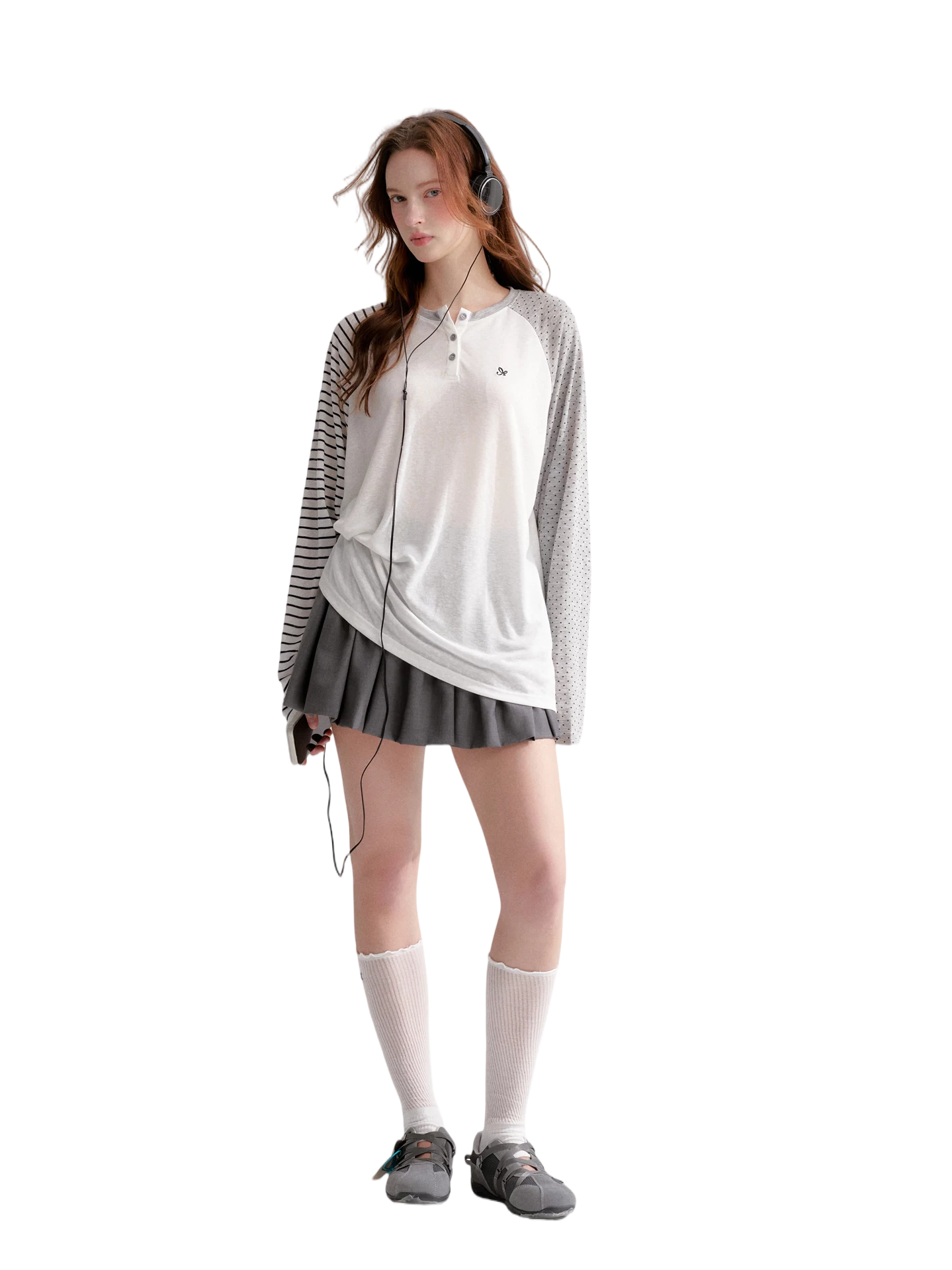Striped Polka Dot Raglan Sleeve Long Sleeve Pullover