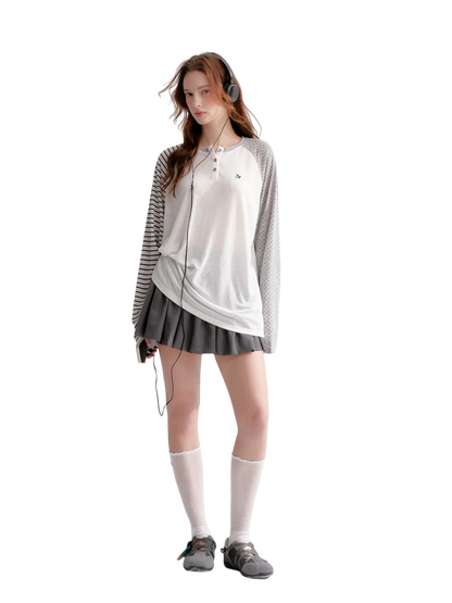 Striped Polka Dot Raglan Sleeve Long Sleeve Pullover