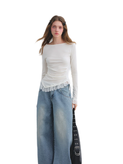 Lace Panel Ruched Hem Top