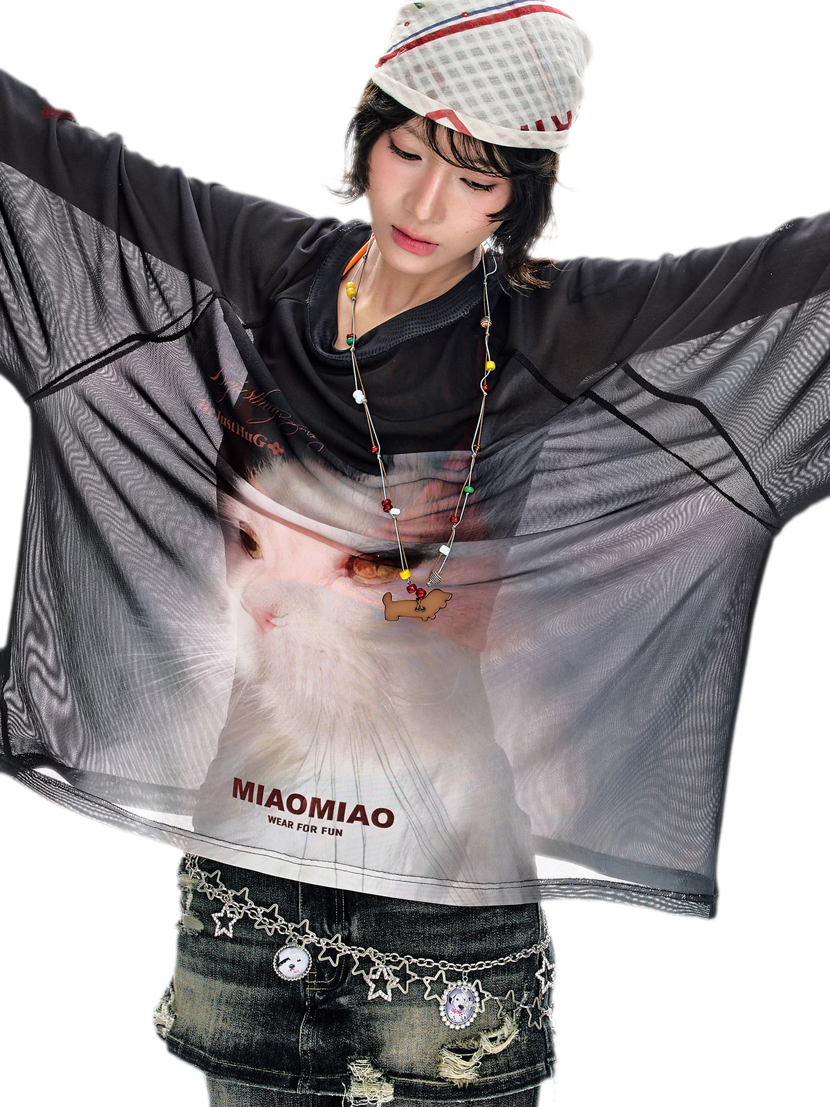 Sheer Oversized Cat Mesh Top