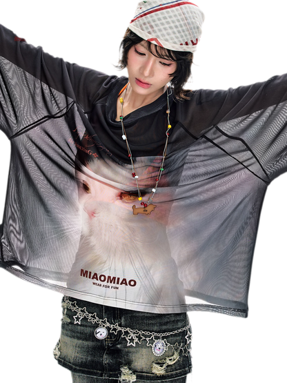 Sheer Oversized Cat Mesh Top