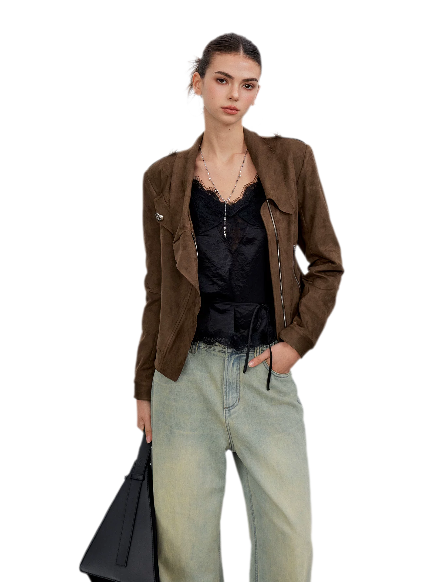 Suede-Effect Asymmetric Cropped Jacket