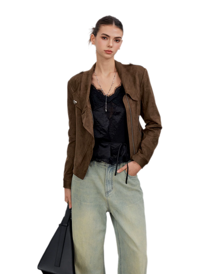 Suede-Effect Asymmetric Cropped Jacket