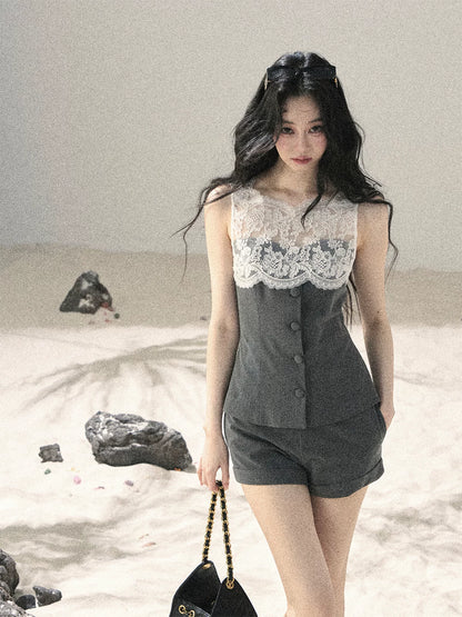Lace Trim Top Shorts Set