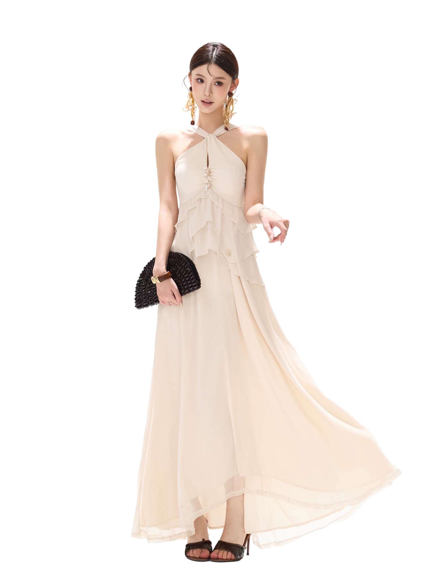 Flowing Halter Rhinestone Chiffon Long Dress