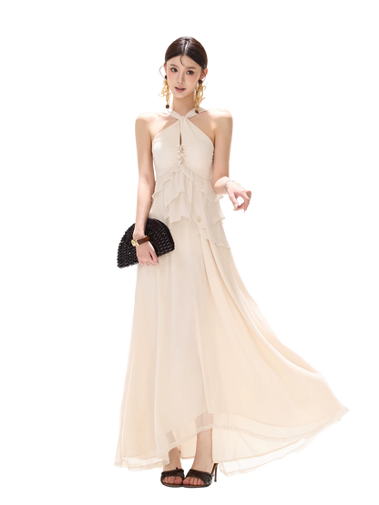 Flowing Halter Rhinestone Chiffon Long Dress