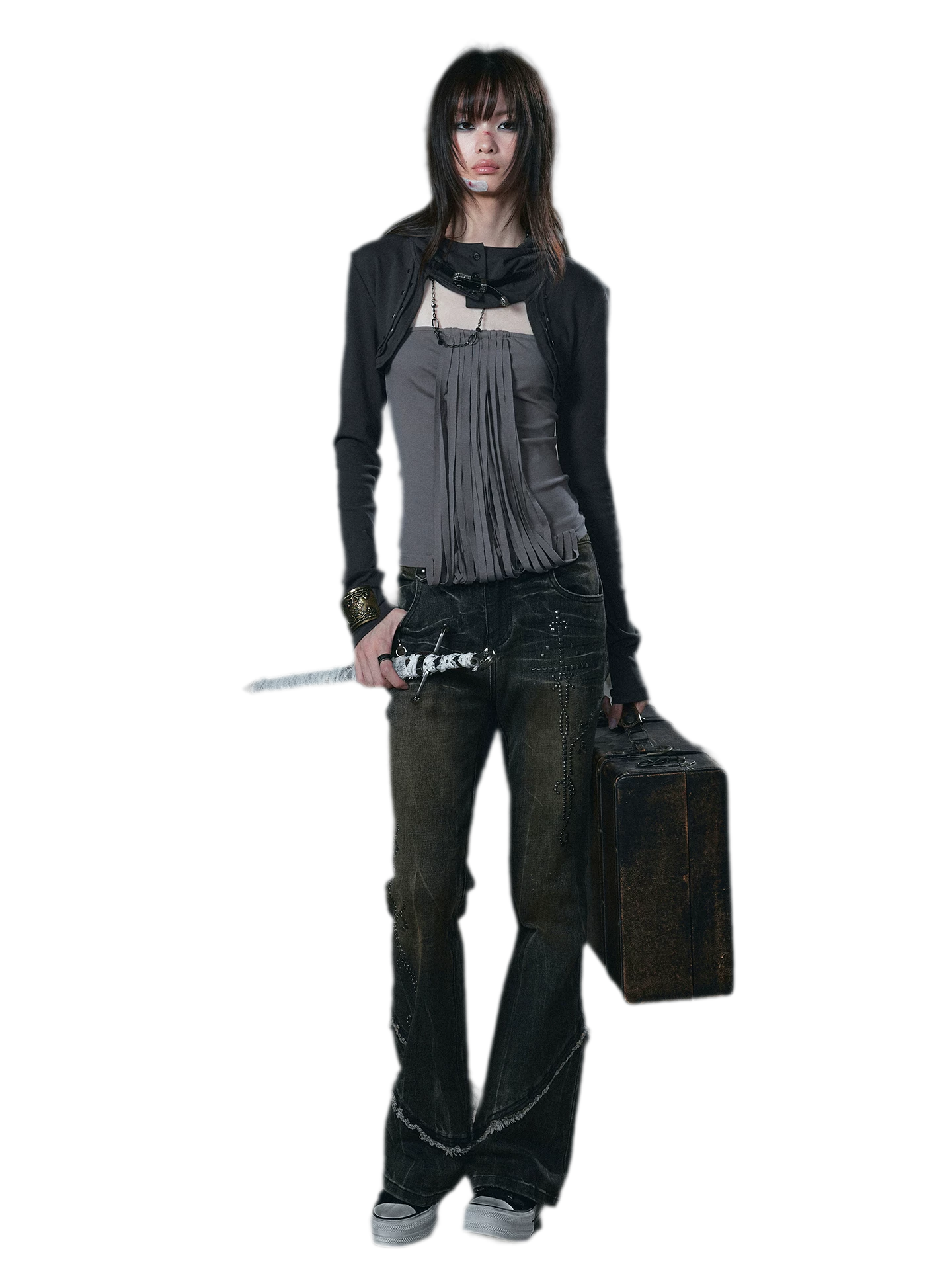 Distressed Hooded Knit Bustier Top