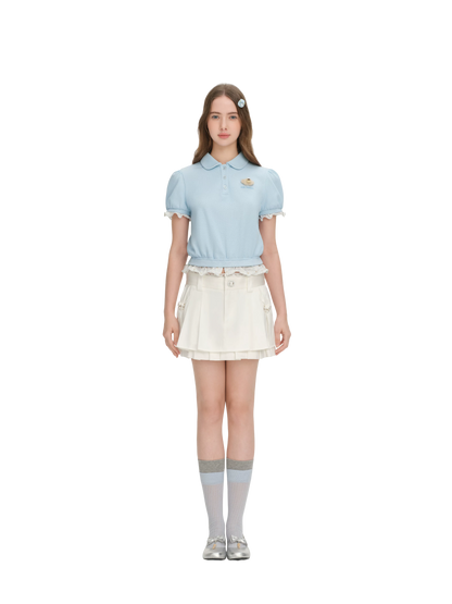 Gathered Puff Sleeve Polo T-shirt