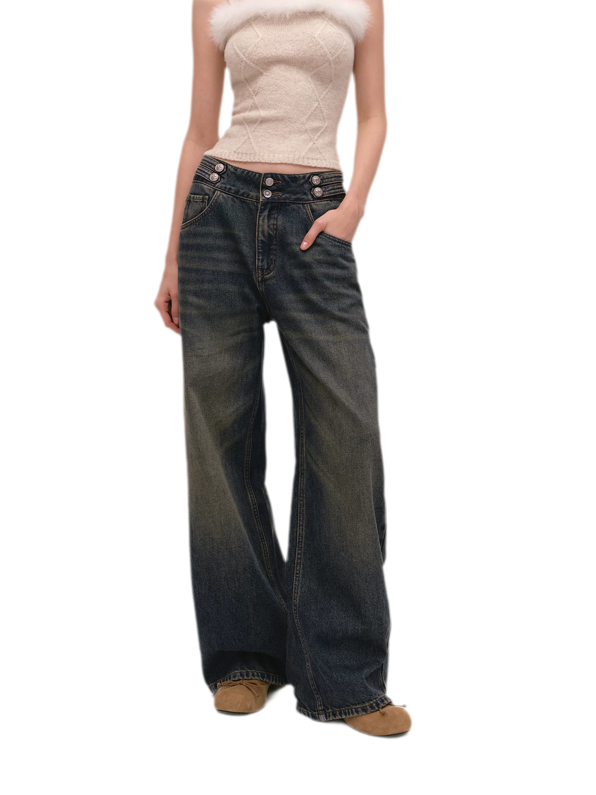 Quần jeans ống rộng giặt bạc chải xước