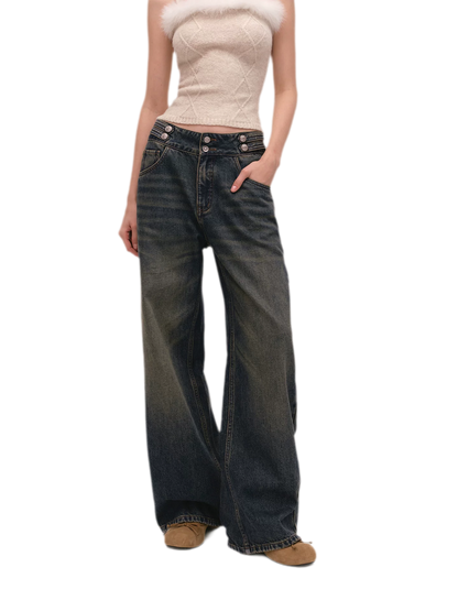 Quần jeans ống rộng giặt bạc chải xước