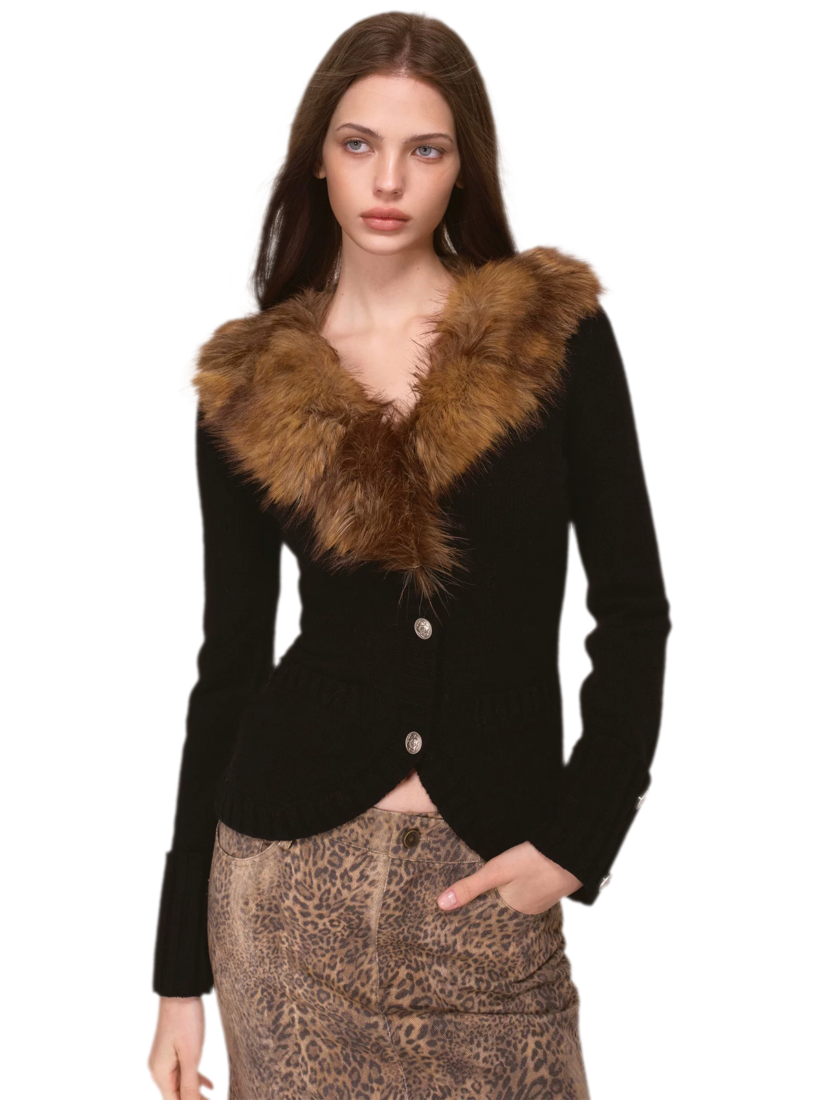 Veste en maille à col en fausse fourrure teintée
