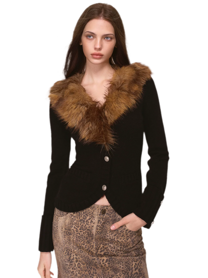 Veste en maille à col en fausse fourrure teintée