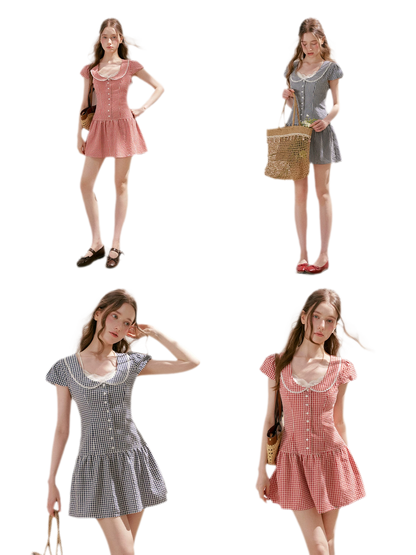 Tencel Cotton Lace Vintage Plaid Short Sleeve Dress