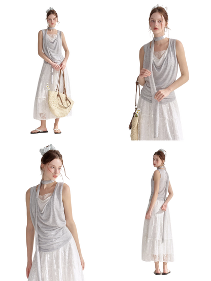 Draped Neckline Lace Patchwork Vest