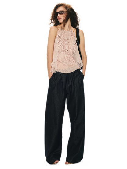 Off-Shoulder Halter Chiffon Check Print Top