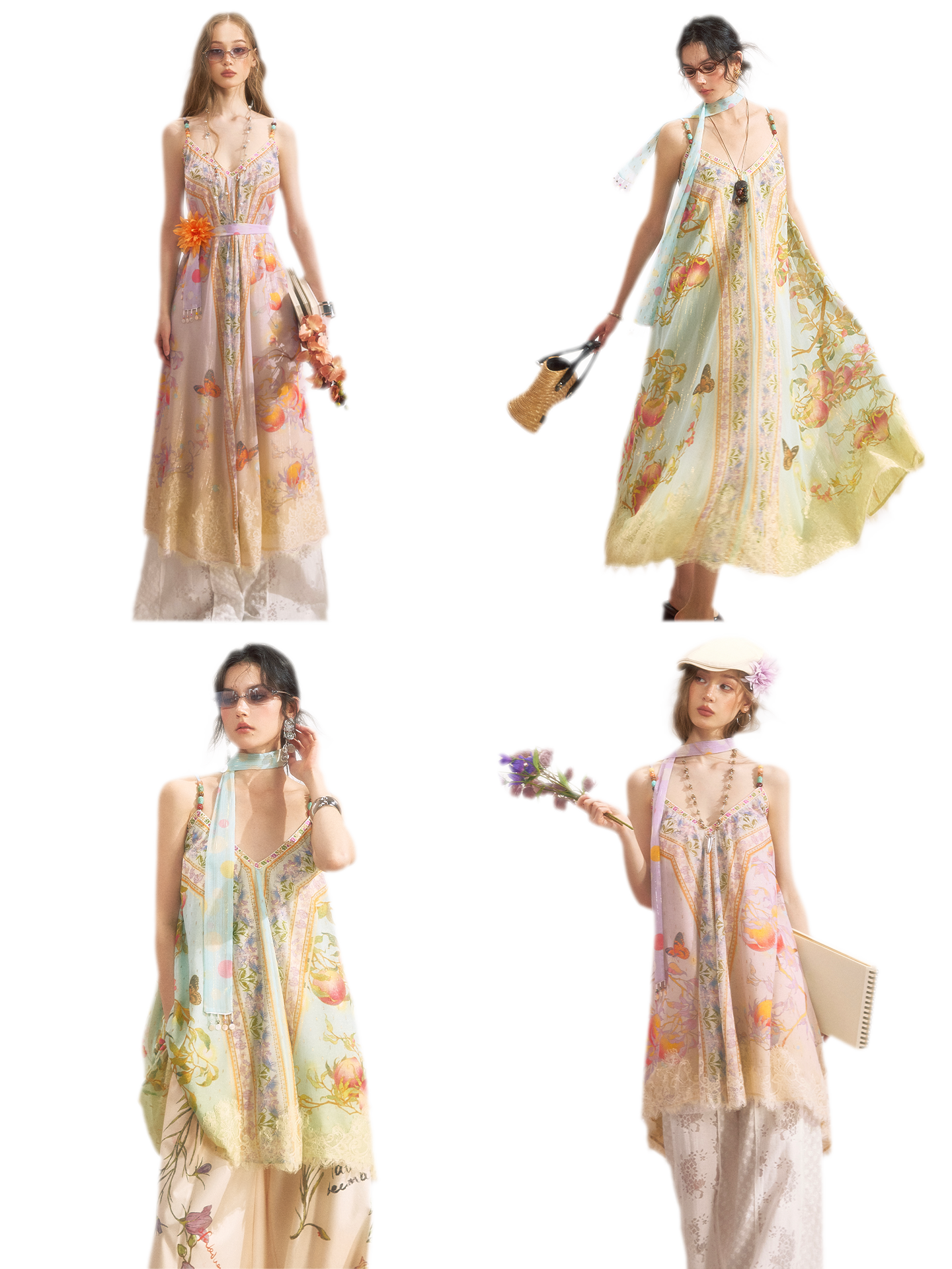 Peach Branch Print Metallic Chiffon Dress