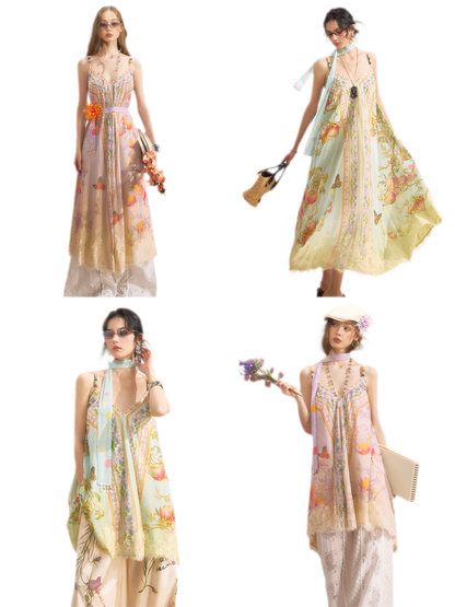 Peach Branch Print Metallic Chiffon Dress