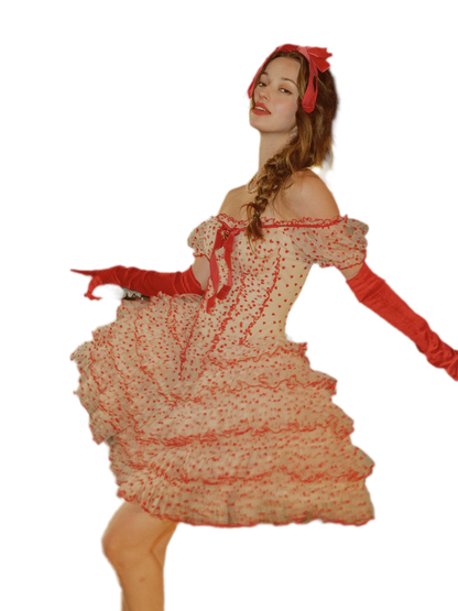 Flocked Bow Ruffle Dress