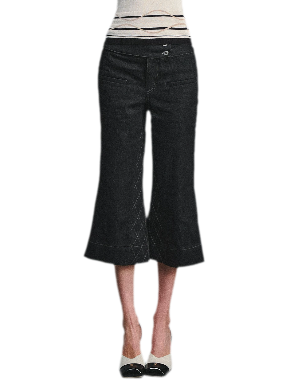 Retro Flare Cropped Jeans with Wide Waistband