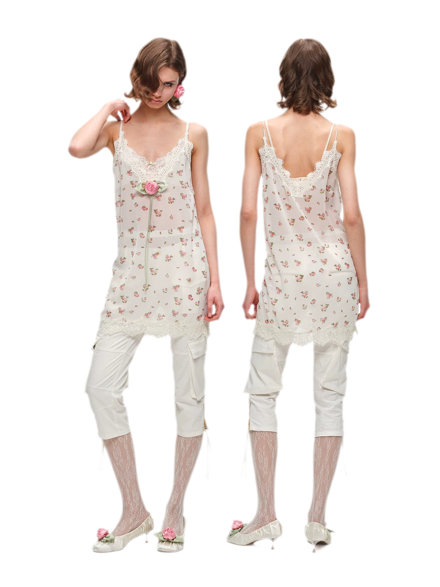 Deep V-Neck Lace Chiffon Satin Dress
