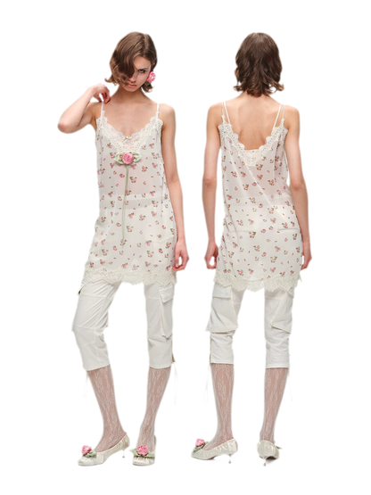 Deep V-Neck Lace Chiffon Satin Dress