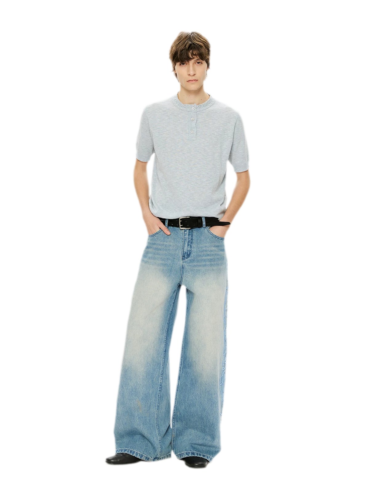 Washed Embroidered Wide-Leg Jeans