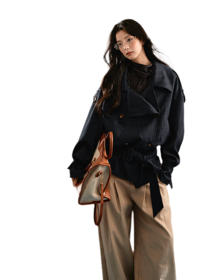 Trench court en denim avec ceinture