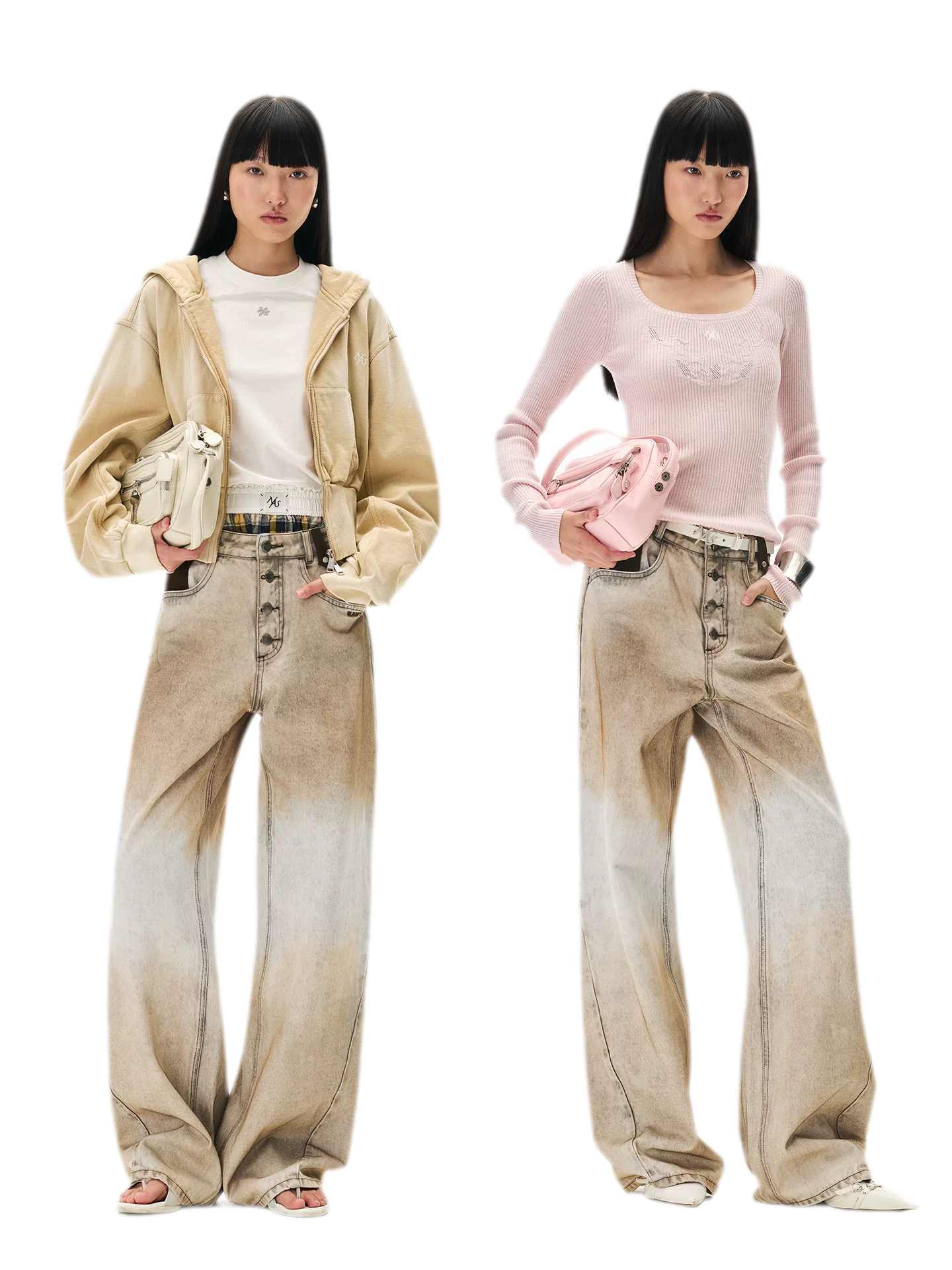Coated Distressed Wide-Leg Jeans