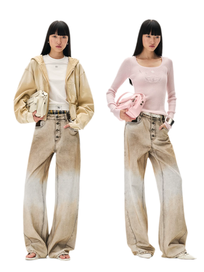 Coated Distressed Wide-Leg Jeans