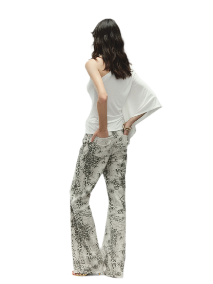 Vintage Leopard Print Washed Denim Pants