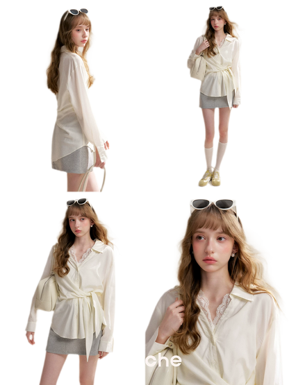 Tencel Lace V-Neck Long Sleeve Shirt