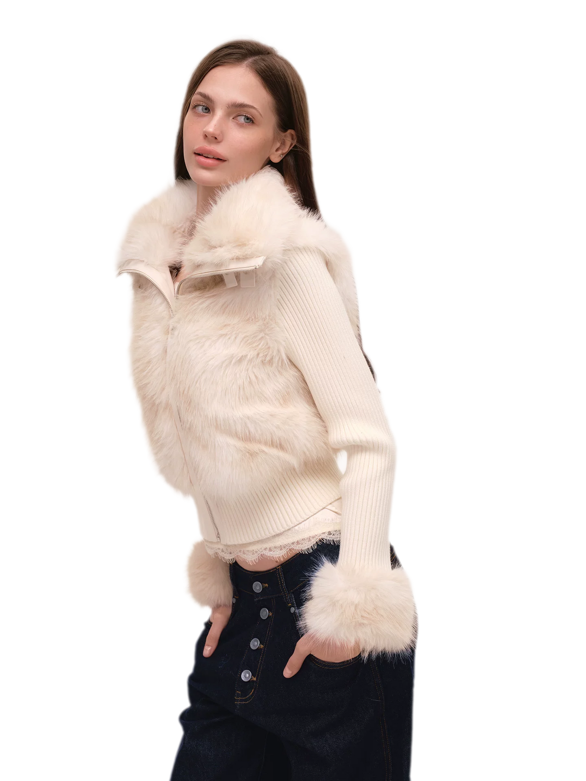 Taillierte Jacke mit Kunstpelz und Stehkragen